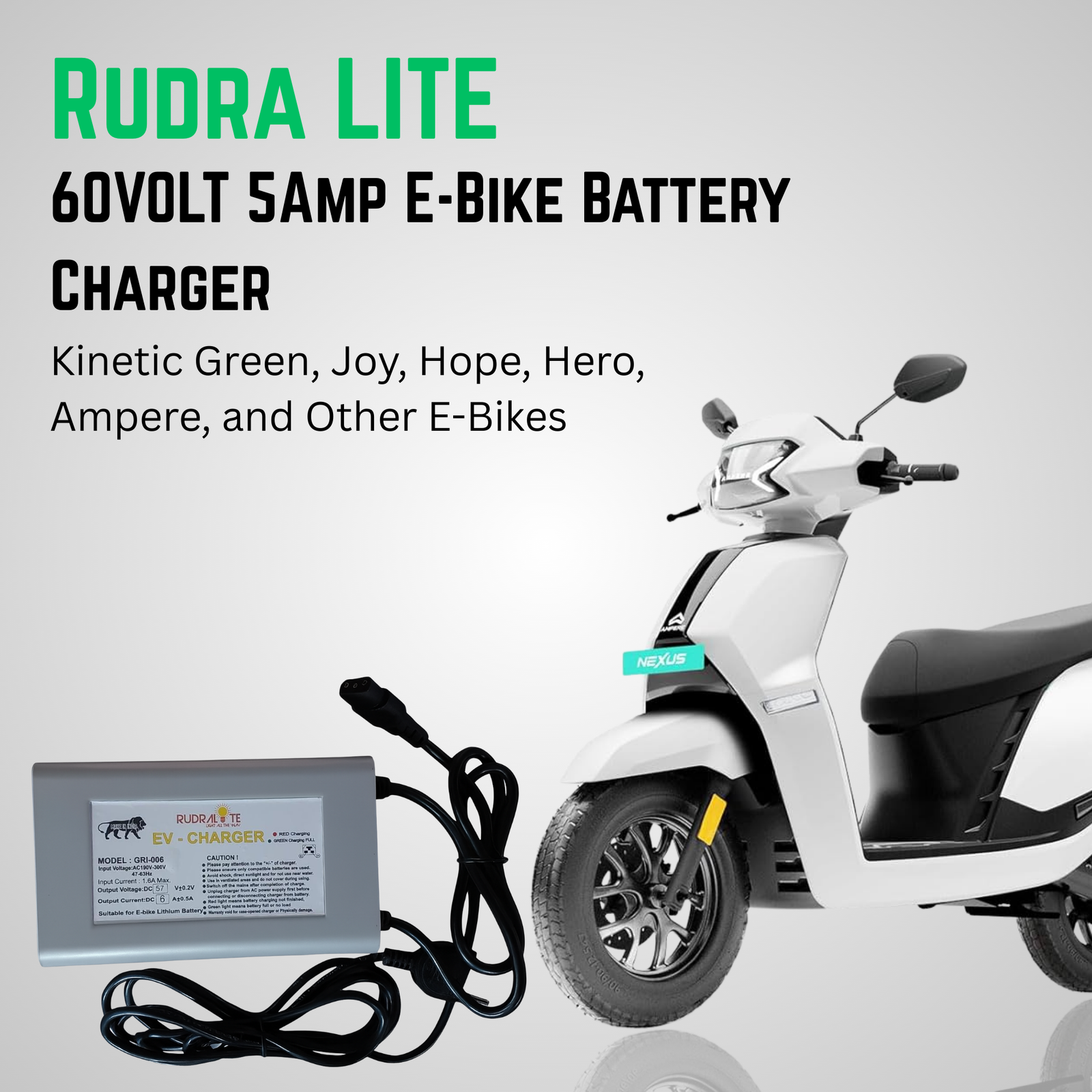 RUDRA LITE 60V 5Amp E-Bike Electric Scooter Lithium Battery Charger Automatic Cutoff 67.2V for Kinetic Green, Joy, Hope, Hero, Ampere, and Other E-Bikes
